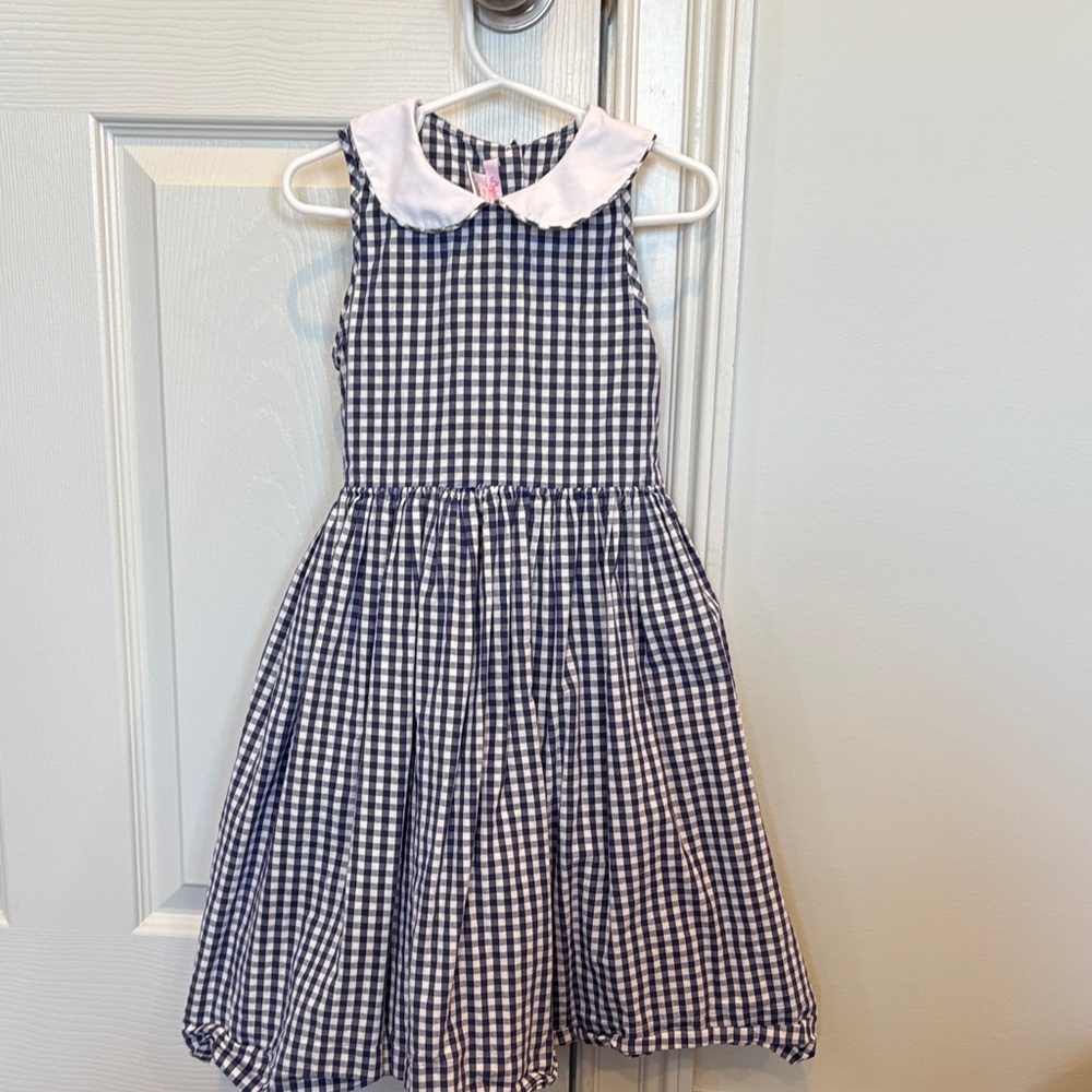 L’Enfant Lune Size 6 Navy and White Checkered Kids Dress with Collar